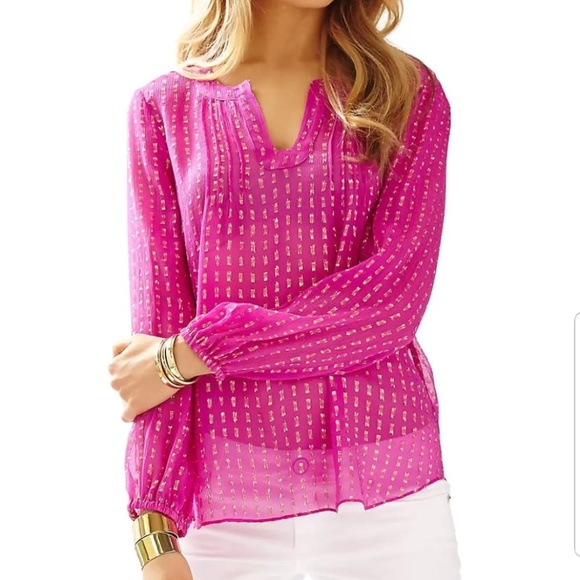 Lilly Pulitzer Tops - Lilly Pulitzer Colby Silk Tunic- Fuchsia & Gold- M